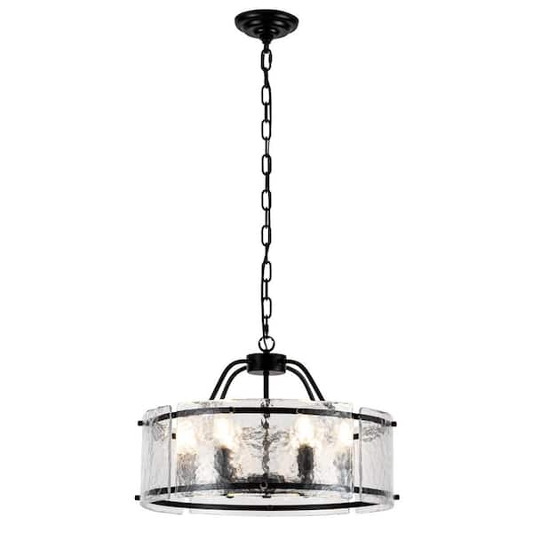 6-Light Black Industrial Adjustable Height Chandelier Drum Clear Glass Dining Room Hanging Pendant Light