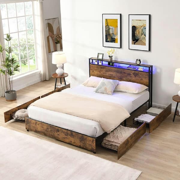 Rustic Brown Full Platform Bed Frame with Headboard and 4-Storage Drawers, Charging Station, Smart LED Lights Strips