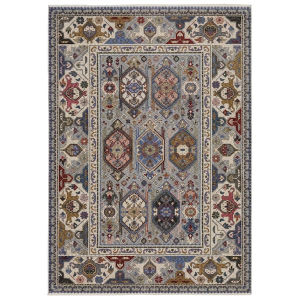 Hunter Blue/Multi-Colored 6 ft. x 9 ft. Persian Oriental Geometric Polyester Fringe-Edge Indoor Area Rug