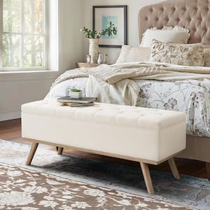 Pero Beige Fabric Upholstered Storage Bench Ottoman with Wood Frame Button Tufted End of Bedroom Bench