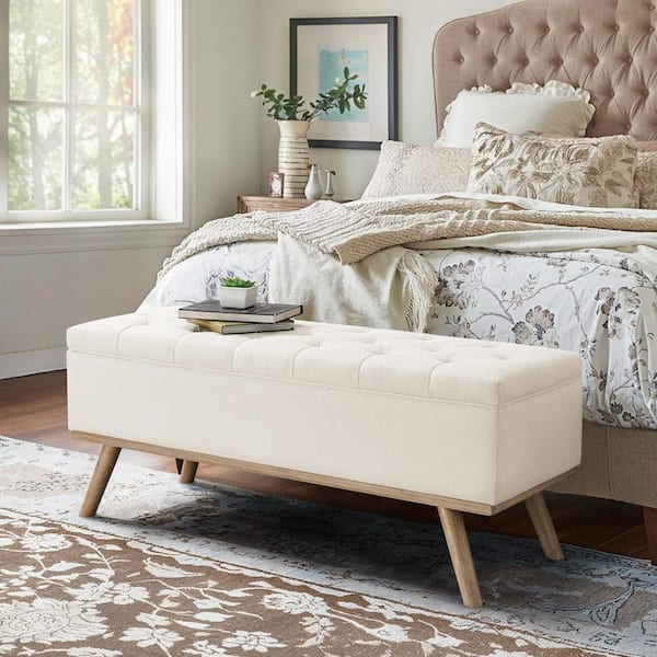 LUE BONA Pero Beige Fabric Upholstered Storage Bench Ottoman with Wood Frame Button Tufted End of Bedroom Bench