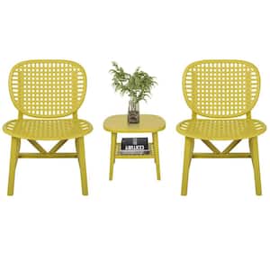 Yellow 3-Piece Plastic Outdoor Patio Conversation Chair Set with Table for Garden Poolside and Backyard