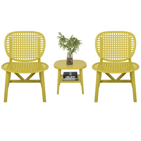 Unbranded Yellow 3-Piece Plastic Outdoor Patio Conversation Chair Set with Table for Garden Poolside and Backyard