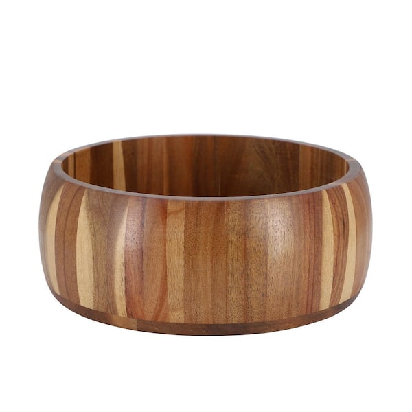 9.75 in. 122 fl. oz. Light Brown Acacia Wood Salad Serving Bowl