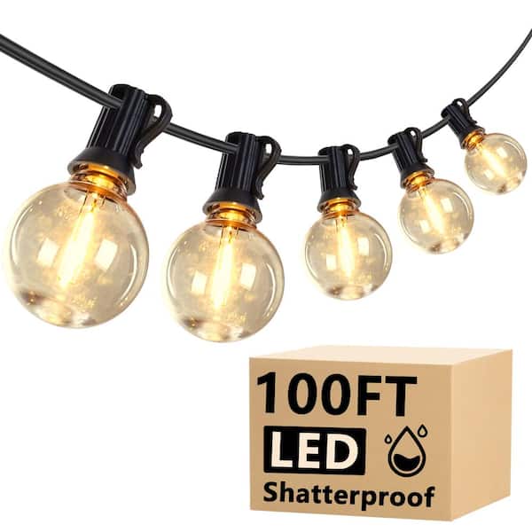Indoor/Outdoor String Lights 50 Shatterproof Bulbs 100 ft. IP65 Weatherproof for Patio, Backyard