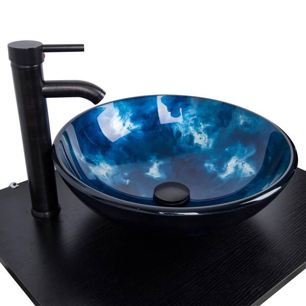 Dark Blue Tempered Glass Circular Vessel Sink Waterfall Faucet Set Pop-Up  Drain Included