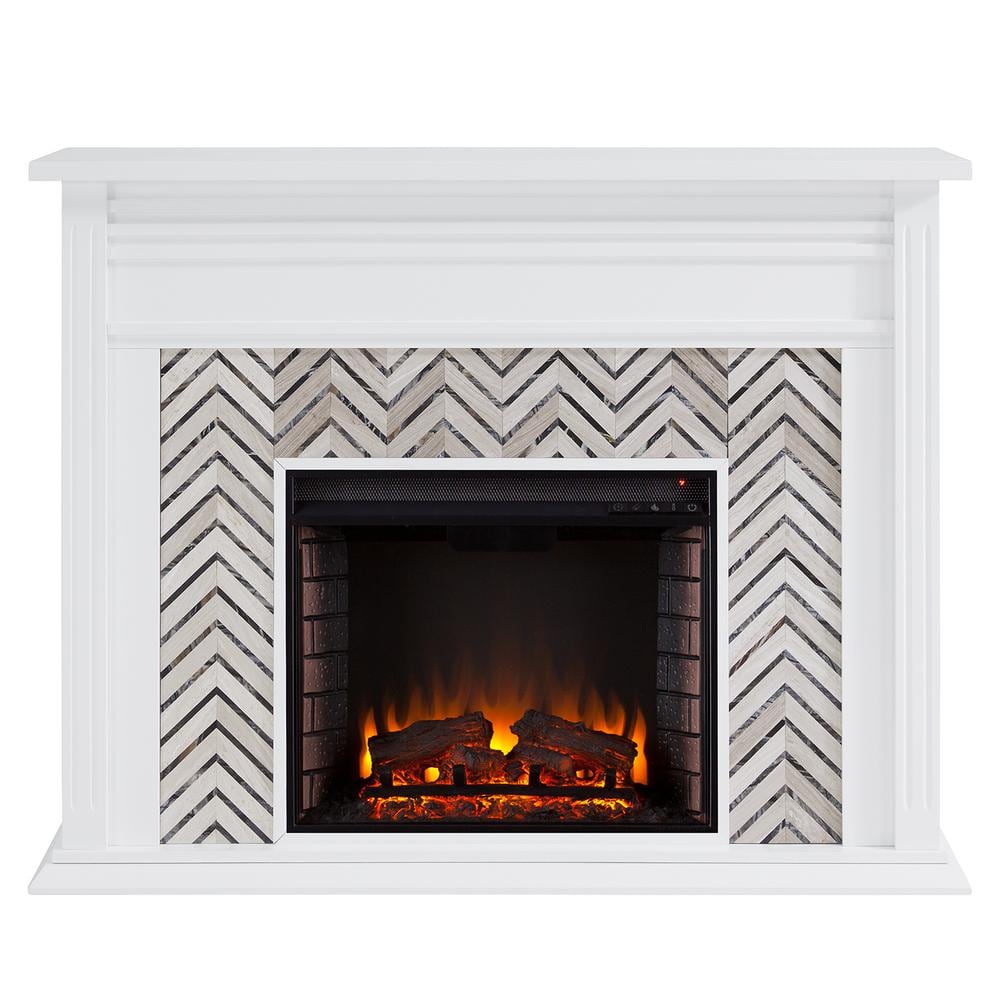 Southern Enterprises Merrin Tiled Marble 50 in. Electric Fireplace in White and Gray, White and gray finish -  HD013992