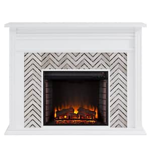 Merrin Tiled Marble 50 in. Electric Fireplace in White and Gray