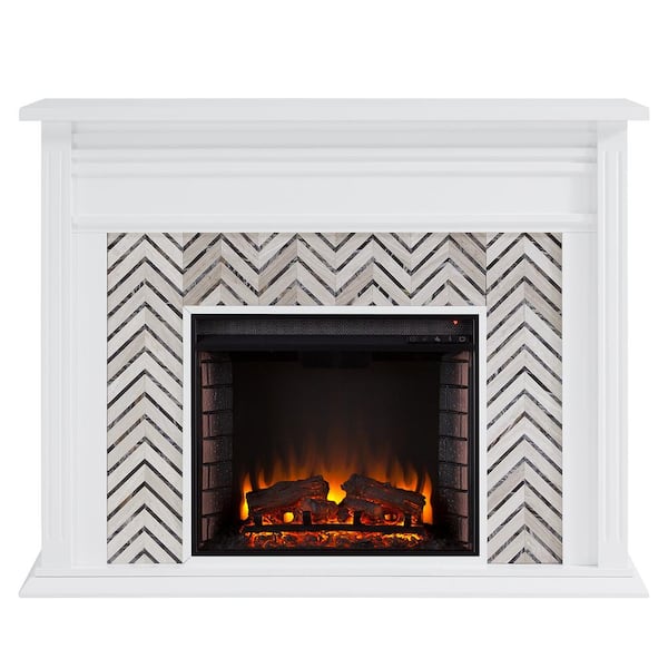 Southern Enterprises Merrin Tiled Marble 50 in. Electric Fireplace in White and Gray