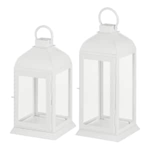 Classic White Metal Lantern Candle Holder - Hanging or Tabletop (Set of 2)