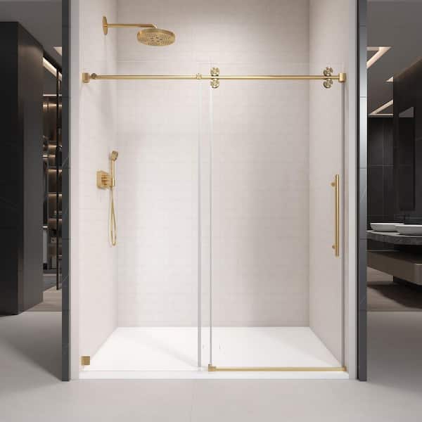 60 in. W x 66 in. H Single Sliding Frameless Tub Door in Brushed Gold with Clear 3/8 in. Glass
