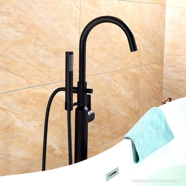 Modern Freestanding Single-Handle Floor-Mount Roman Tub Faucet Filler with Hand Shower in Matte Black