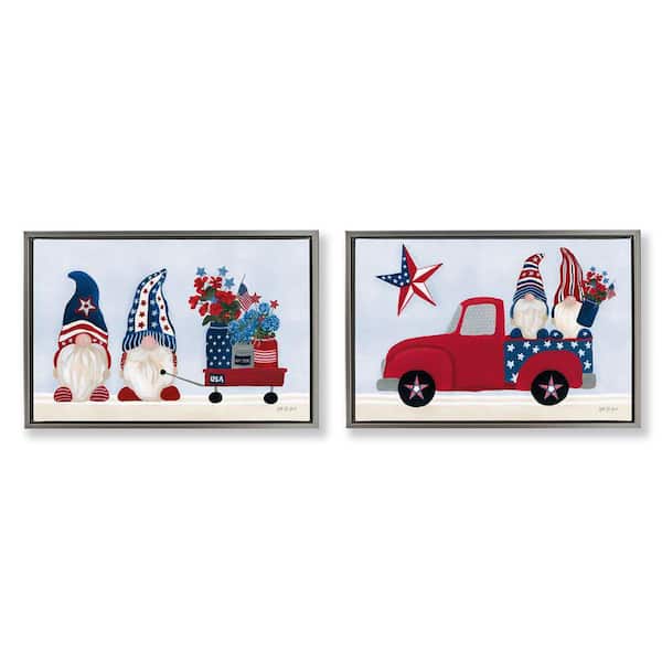 Americana Florals and Gnomes by Yvette St. Amant 2-Pieces Gray Floater Frame Fantasy Graphic Art Print 21 in. x 31 in.