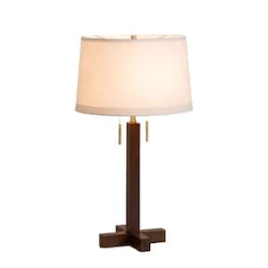 Swiss Cross 30 in. Dark Walnut LED Table Lamp for Living Room with White Cotton Shade