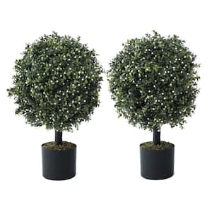 2 ft. Artificial Boxwood Topiary Ball Tree with White Flowers Artificial UV Resistant Bushes (Set of 2)