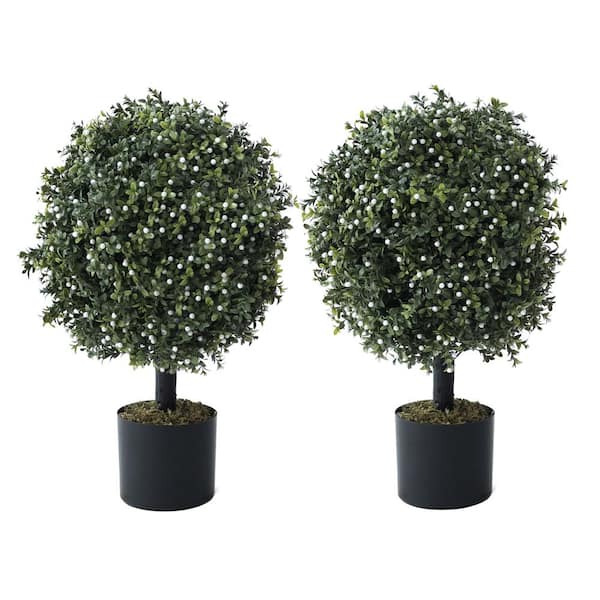 CAPHAUS 2 ft. Artificial Boxwood Topiary Ball Tree with White Flowers Artificial UV Resistant Bushes (Set of 2)