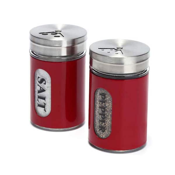 Adjustable Pour Holes Stainless Steel Glass Salt and Pepper Shakers Set Red Durable Easy Refill Dishwasher Safe