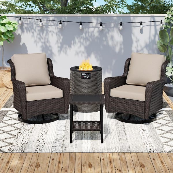 4-Piece Brown Wicker Patio Fire Pit Conversation Sets with 2 Swivel Chairs Beige Cushions, 1 Fire Pit and 1 Side Table