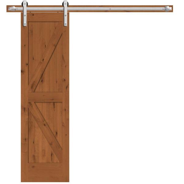 Steves & Sons 24 in. x 84 in. Rustic 2-Panel Stained Knotty Alder Interior Sliding Barn Door Slab with Hardware