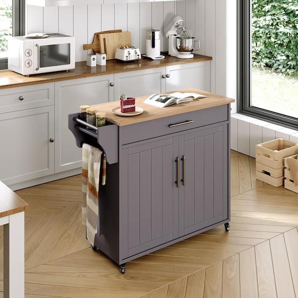 STICKON STICKON Grey Wood Rolling 35.1 in. Kitchen Island with Storage Cabinet