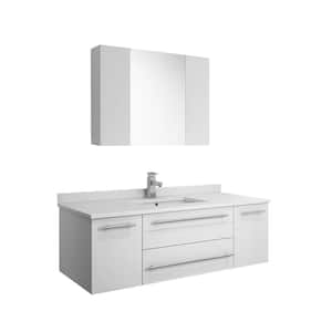 Lucera 48 in. W Wall Hung Vanity in White with Quartz Stone Vanity Top in White with White Basin and Medicine Cabinet