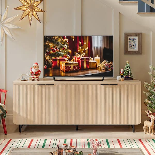 69 in. Modern Reeded Natural Oak TV Stand Entertainment Center Fits TVs Up to 75 in. with 2-Storage Cabinets