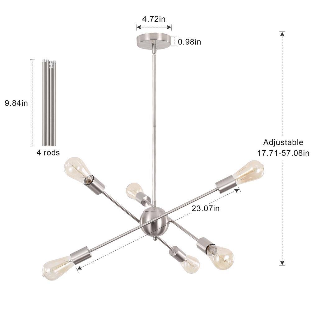 Nickel 6-Light Linear Sputnik Chandelier with Adjustable Height