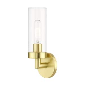Hastings 4.25 in. 1-Light Satin Brass ADA Wall Sconce with Clear Glass