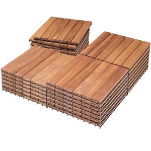 Solid Acacia Wood Interlocking Patio Deck Tiles for Indoor & Outdoor, 12'' x 12'' x 1'' - 27pcs