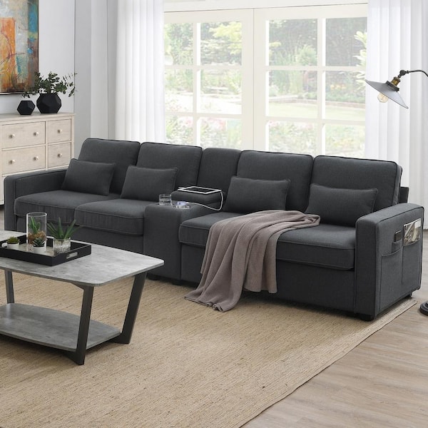 114.20 in. Straight Arm Polyester Rectangle Sofa in Dark Gray with Console, Cup Holders and USB Ports