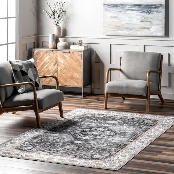 Devin Machine Washable Vintage Medallion Charcoal Doormat 3 ft. x 5 ft. Accent Rug Area Rug