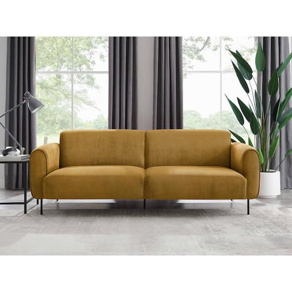 MINIMORE Cudal 83.9 in. W Round Arm Mustard Polyester Mid-Century 3-Seat Straight Sofa with Metal Legs in Yellow