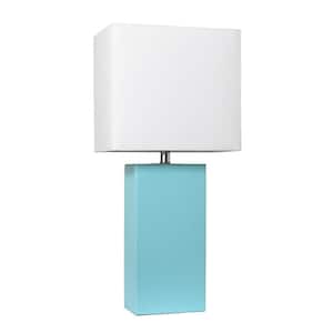 21 in. Modern Aqua Leather Table Lamp with White Fabric Shade