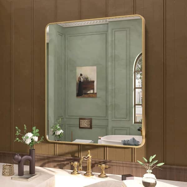 Cozy 30 in. W x 36 in. H Rectangular Framed Wall Bathroom Vanity Mirror in Brushed Gold