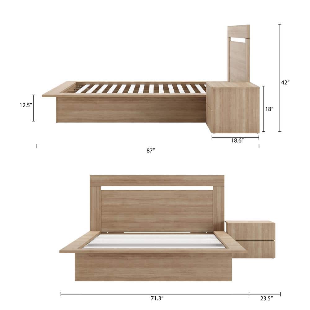 Malibu Light Brown Oak 3-Piece Bedroom Set with Platform Bed and Nightstand