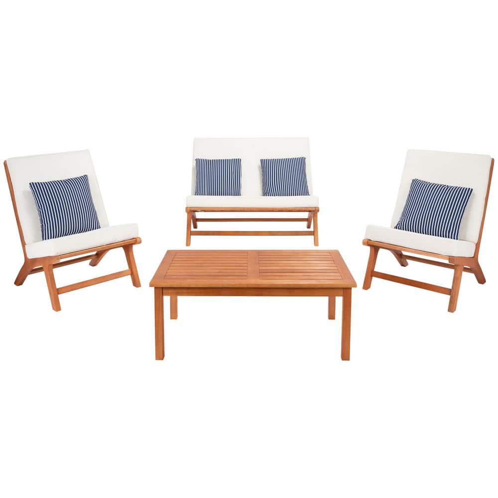 Natural Wood 4-Piece Patio Set with Beige Cushions and Navy Striped Pillows