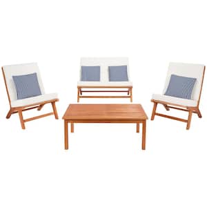 Chaston Natural 4-Piece Wood Patio Conversation Set with Beige Cushions and Blue Striped Pillows