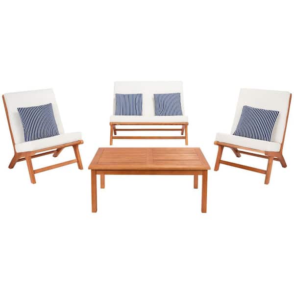 SAFAVIEH Chaston Natural 4-Piece Wood Patio Conversation Set with Beige Cushions and Blue Striped Pillows
