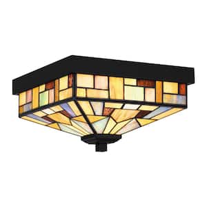 Waterville 11 in. 2-Light Matte Black Flush Mount with Tiffany Glass Shade