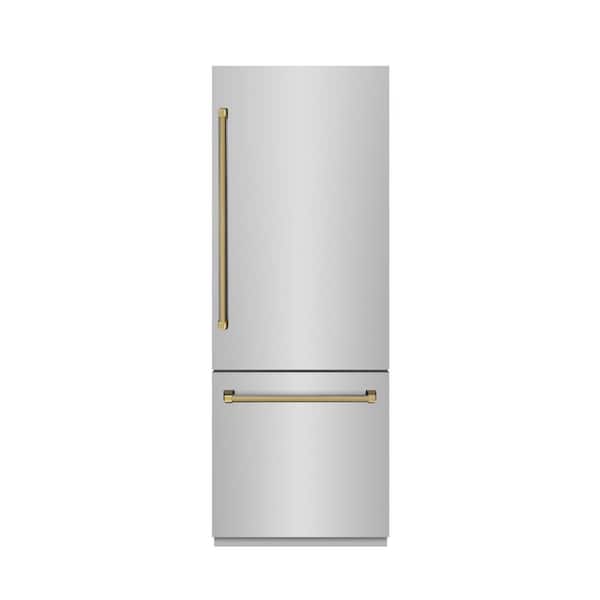 Autograph 30 in. Built-In Bottom Freezer Refrigerator in Stainless Steel with Gray Interior and Gold Helix Handles