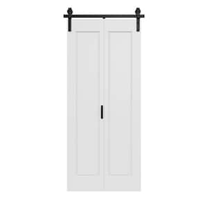 32 in. x 84 in. Paneled 1-Lite White Primed Hollow Core MDF Composite Bi-fold Door with Bifold Barn Door Hardware