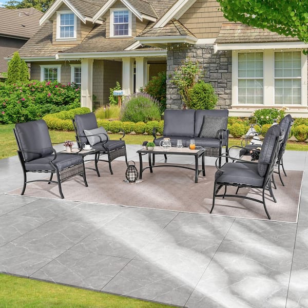 TOP HOME SPACE 8-Piece Metal Patio Conversation Set with Black Cushions
