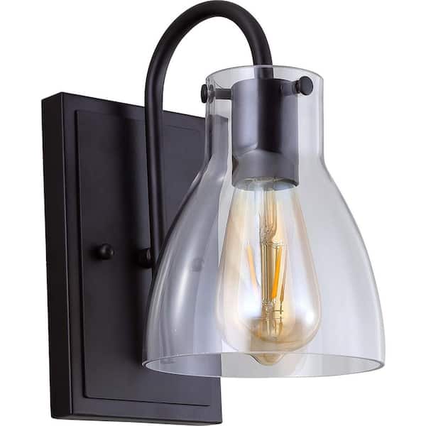 Volume Lighting 1-Light Antique Bronze Indoor Bath or Vanity Light Vintage-Inspired Wall Mount with Clear Glass Jar Bell Shade