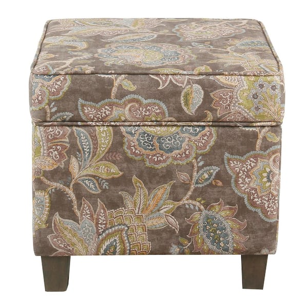 Homepop Gray Floral Print Upholstered Square Storage Ottoman with Lift Off Lid