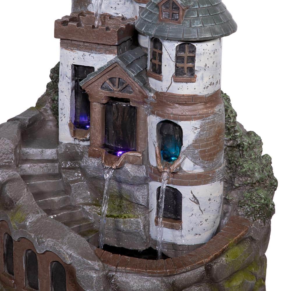 35" Gray Cement Outdoor Castle Fountain with LED Lights