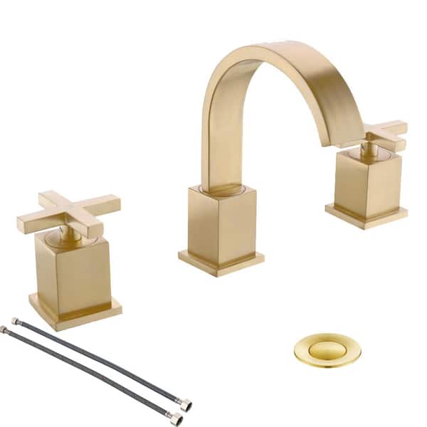 Phiestina 8 in. Widespread Double-Handle Waterfall Bathroom Faucet with Metal Pop Up Drain and Supply Kit in Brushed Gold