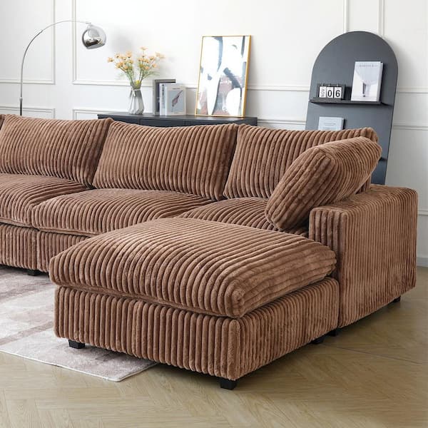 118 in. Square Arm Soft Faux Rabbit Fur Velvet 5-Piece Modular Sectional Sofa with Ottoman,Washable Covers in Brown