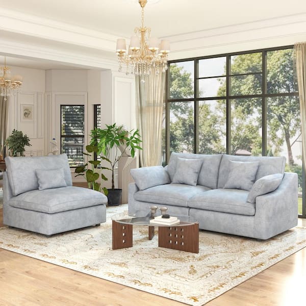 J&E Home 155.9 in. Square Arm 8-Piece Linen U-Shaped Down