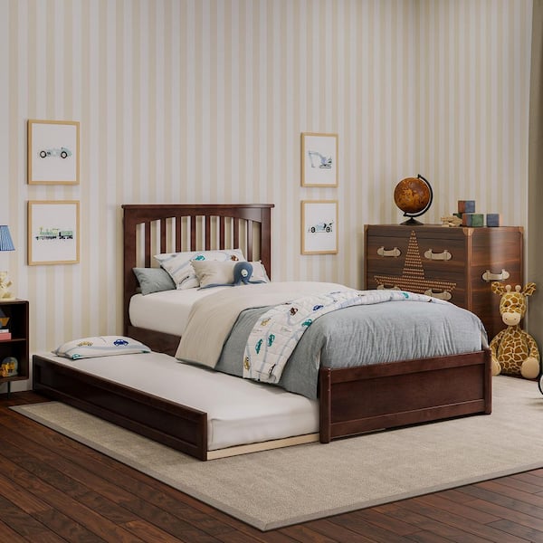 AFI Everett Walnut Brown Solid Wood Frame Twin Platform Bed with Panel Footboard and Twin Trundle