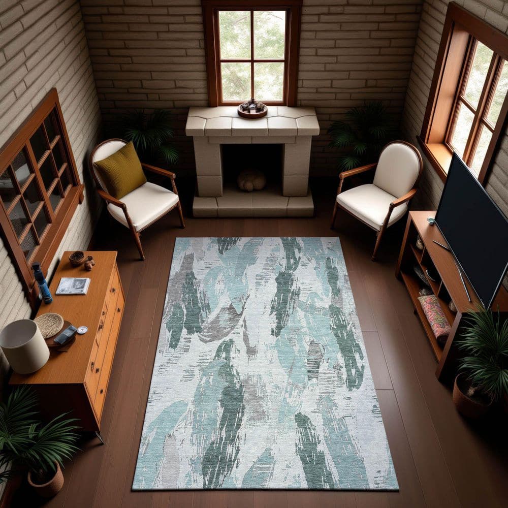 Mayfield Premium Machine Washable Abstract AMF1596 Teal 3 ft. x 5 ft. Area Rug price history on PriceWatchPro
